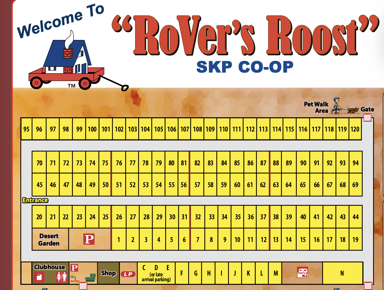 Map showing the layout of RoVer's Roost RV Retreat lots, clubhouse, and amenities.