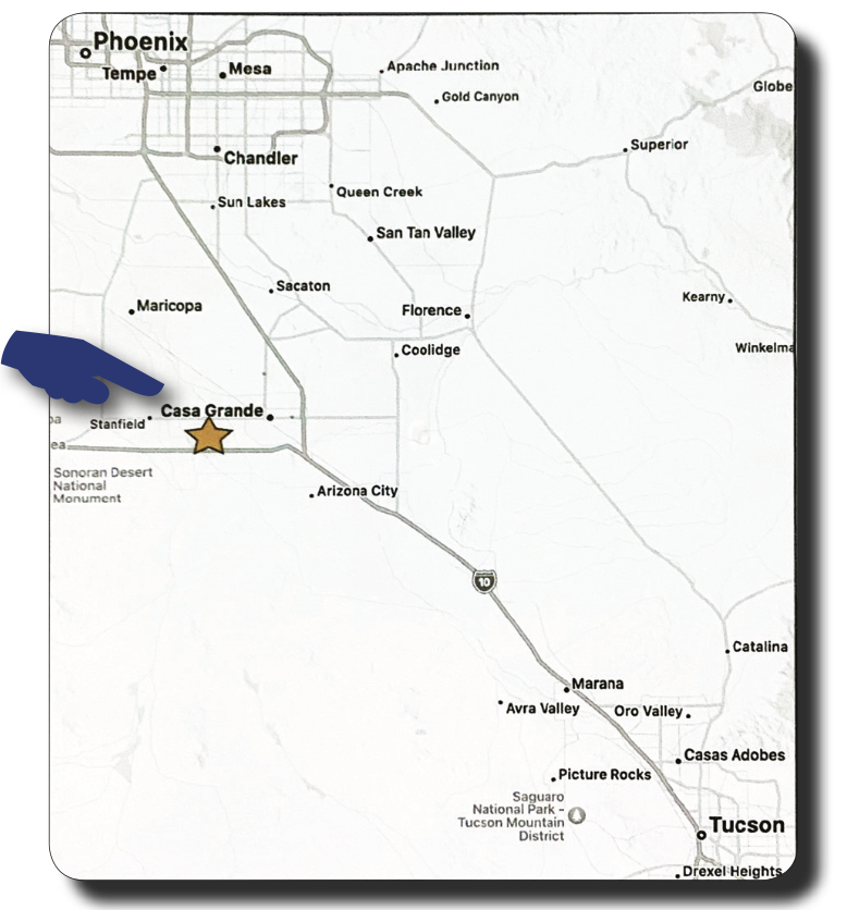 Map of central Arizona showing RoVer's Roost in Casa Grande, roughly one hour south of Phoenix via I-10 and one hour north of Tucson.