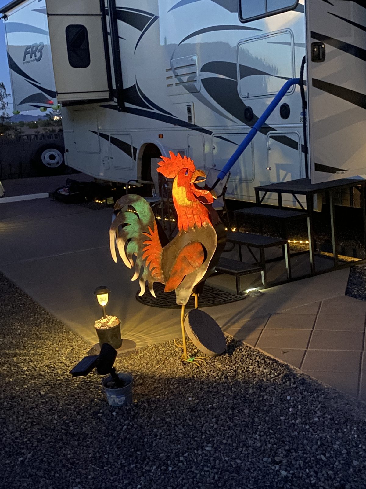 The Roost rooster decoration on a lot